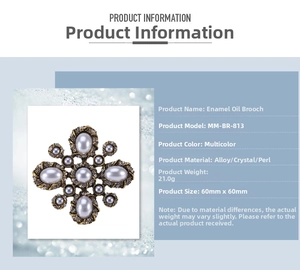 Detailed size specifications for a baroque enamel cross brooch with pearls and rhinestones