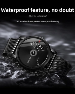 Macro shot of waterproof black quartz watch with stainless steel mesh strap on wet rock