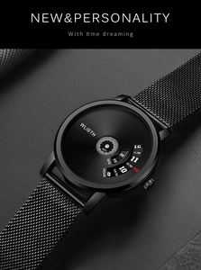 Detailed macro of black rotating disk watch face and metal mesh strap by WLISTH brand