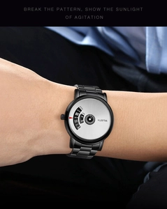 Close-up of WLISTH men's watch with black steel band and silver moon-shaped dial