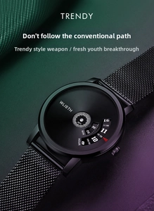 Macro detail of minimalist black mesh strap and creative rotating dial mens watch