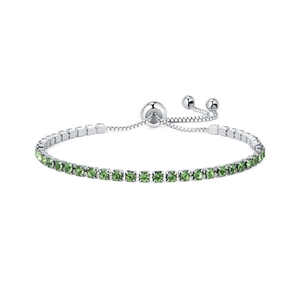 Adjustable silver chain bracelet with 2.5mm square green cubic zirconia stones on white background