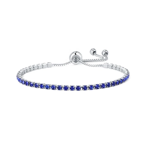 Adjustable 2.5mm silver bracelet with single row of faceted blue cubic zirconia stones