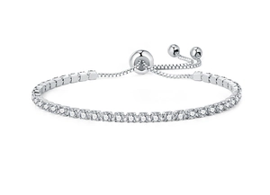 Close-up of silver tennis bracelet with 2.5mm zircons and adjustable slider clasp