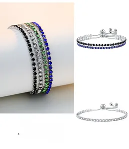Detail of adjustable tennis bracelets with black, emerald, and blue 2.5mm cubic zirconia