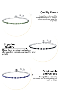 Close-up of 2.5mm cubic zirconia tennis bracelets in green, black and blue with slider clasps