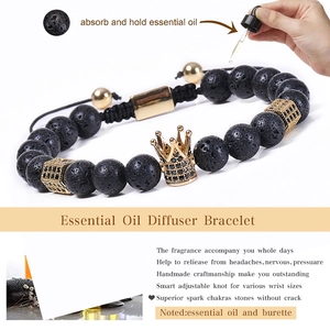 Lava stone essential oil diffuser bracelet with gold crown and adjustable braided cord
