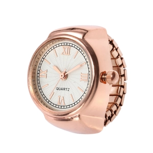 Elegant rose gold ring watch with white Roman numeral dial and elastic band on white background