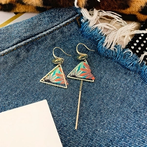 Ethnic style asymmetric long drop earrings with orange and teal floral triangle pendants