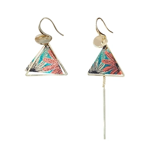 Ethnic style asymmetric triangle earrings with vintage floral patterns and long gold tassels