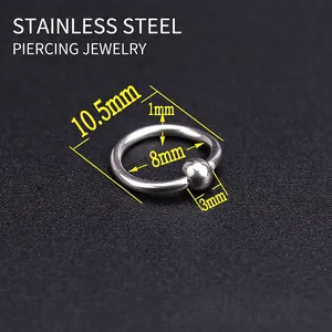 Detailed view of stainless steel captive bead ring with 3mm fixed ball and dimensions
