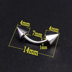 Detailed macro view showing precise 14mm dimensions of the curved spike eyebrow ring