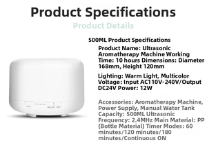 Technical specifications of the 500ml ultrasonic diffuser showing dimensions and features