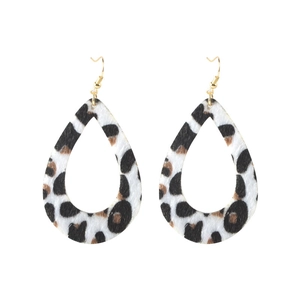 Close-up of leopard print teardrop earrings with elegant golden metal hooks