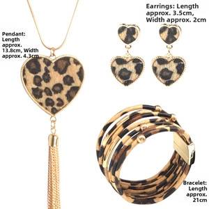 Detailed view showing dimensions of leopard print heart necklace, earrings, and bracelet set