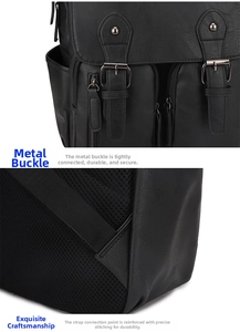 Détails du sac à dos en cuir PU noir montrant la boucle en métal et les coutures renforcées