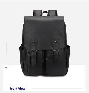Vue avant du sac à dos en cuir PU mat noir avec poches à boucles et poignée de transport