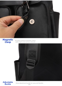 Détail du sac à dos en cuir PU noir avec boucle magnétique et bandoulière réglable