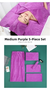 5-piece purple microfiber spa towel set featuring beauty dress and headband accessories