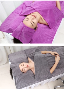 Microfiber spa set with head wrap and body towel in deep purple and dark grey