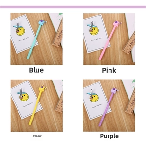 Close-up of cute cartoon elephant gel pens in blue, pink, yellow and purple pastel colors