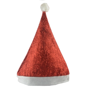 Detail view of the red shimmering fabric texture and white plush trim on the Christmas hat
