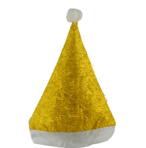 Close-up of sparkling gold tinsel fabric and white plush trim on the Christmas hat