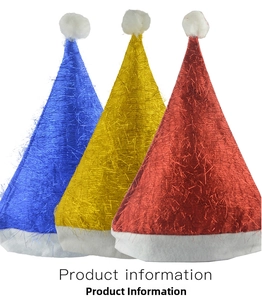 Three shiny tinsel Christmas hats in red, yellow, and blue with white plush pom-poms