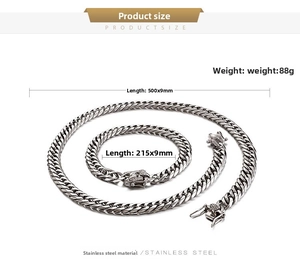 Size chart for stainless steel 9mm Cuban link chain necklace and bracelet jewelry set