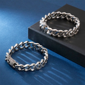 Polished silver stainless steel Cuban chain bracelets with diamond encrusted clasp