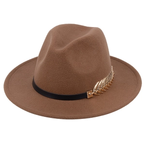 Camel wool felt fedora hat with black leather band and gold leaf metal accessory
