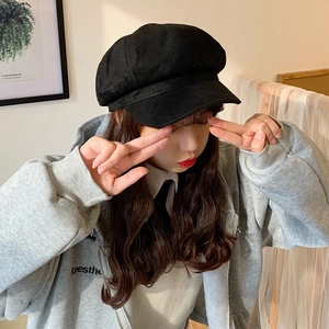 Classic black suede newsboy hat for women in a vintage octagonal style for autumn and winter