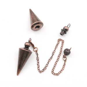 Detail view of a bronze metal conical pendulum showing its detachable screw top and chain