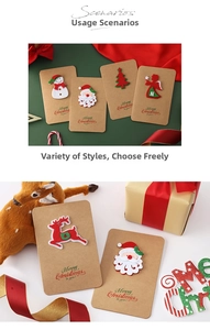 Detail of Christmas felt stickers with Santa and reindeer on vintage kraft cards