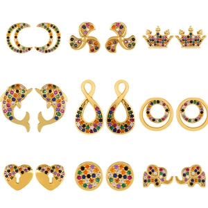 9-pair set of gold-plated stud earrings featuring colorful zircon heart and moon shapes
