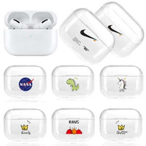 Detailed collection of clear AirPods Pro cases featuring various artistic patterns and logos