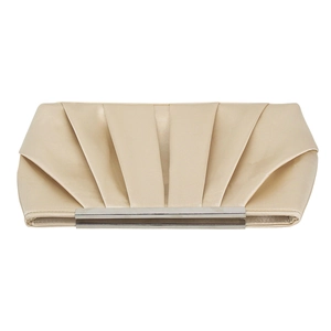 Detailed front view of pleated champagne satin evening clutch bag with silver metal trim
