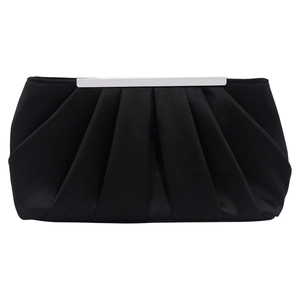 Elegant black pleated satin evening clutch bag with a silver metal frame clasp for women