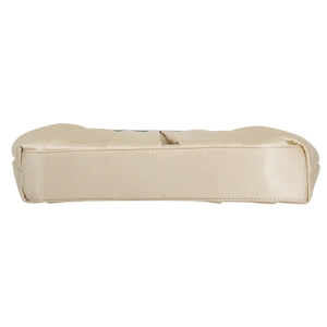 Detail view of champagne satin evening clutch base with pleated design and fine stitching