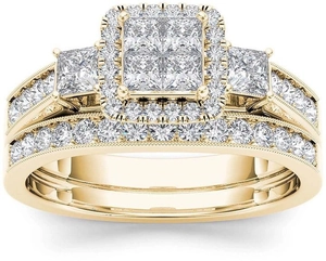 Set di anelli da sposa placcati in oro con diamante a taglio princess e halo brillante