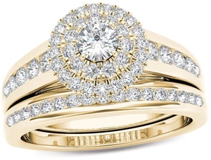 Set di fedi nuziali in oro 18 carats con doppio alone, zircone rotondo e pavé lungo la fascia