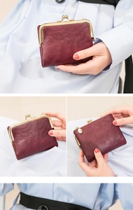 Detailed views of a vintage dark red wallet showing kiss-lock clasp and rear zipper pocket