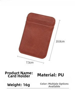 Detailed specs of ultra-thin brown PU leather business card holder, size 10.8x7.5cm
