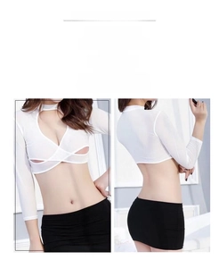 Detail of cross-cut hollow white top and black mini skirt for secretary cosplay