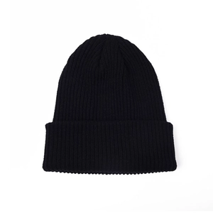 Classic black ribbed knit beanie hat with double-layer warm winter cuff design