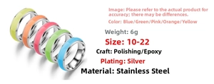 Five stainless steel rings in assorted fluorescent colors neatly arranged on a white background