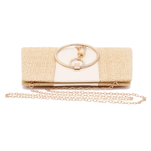 Woven straw evening clutch bag with gold ring tassel and metallic chain strap in beige