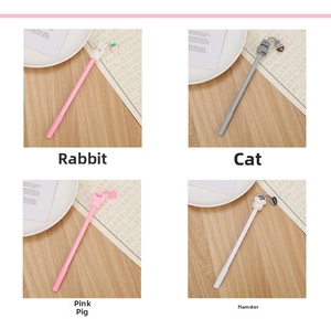 Detailed view of cute silicone animal toppers on gel pens including rabbit and cat styles