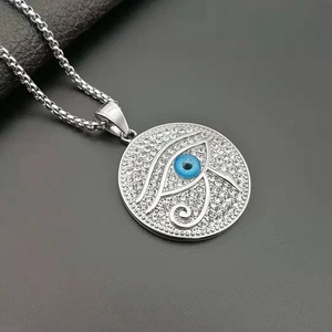 Titanium steel Eye of Horus pendant necklace with silver finish and blue eye crystal inlay