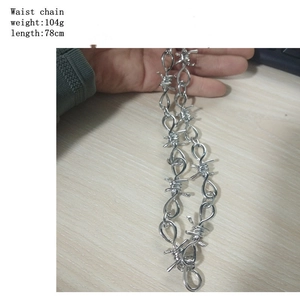 Detail showing punk style silver waist chain with 78cm length and 104g weight specs